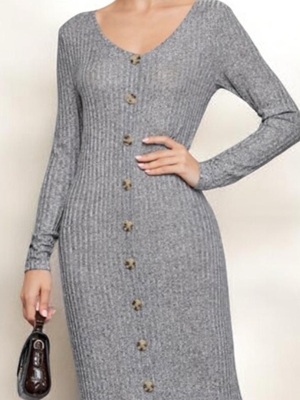 Ribbed Button-Front Midi Dress - Gray